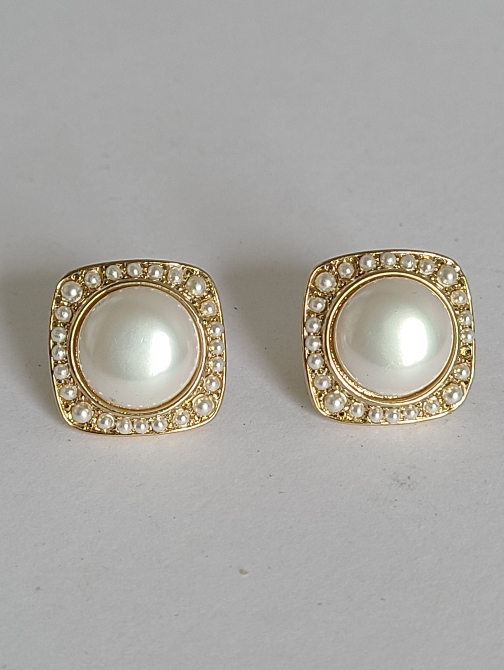 Vintage Luxury Costume Boho Seed Pearl Halo Chunky Gold Square Stud Earrings